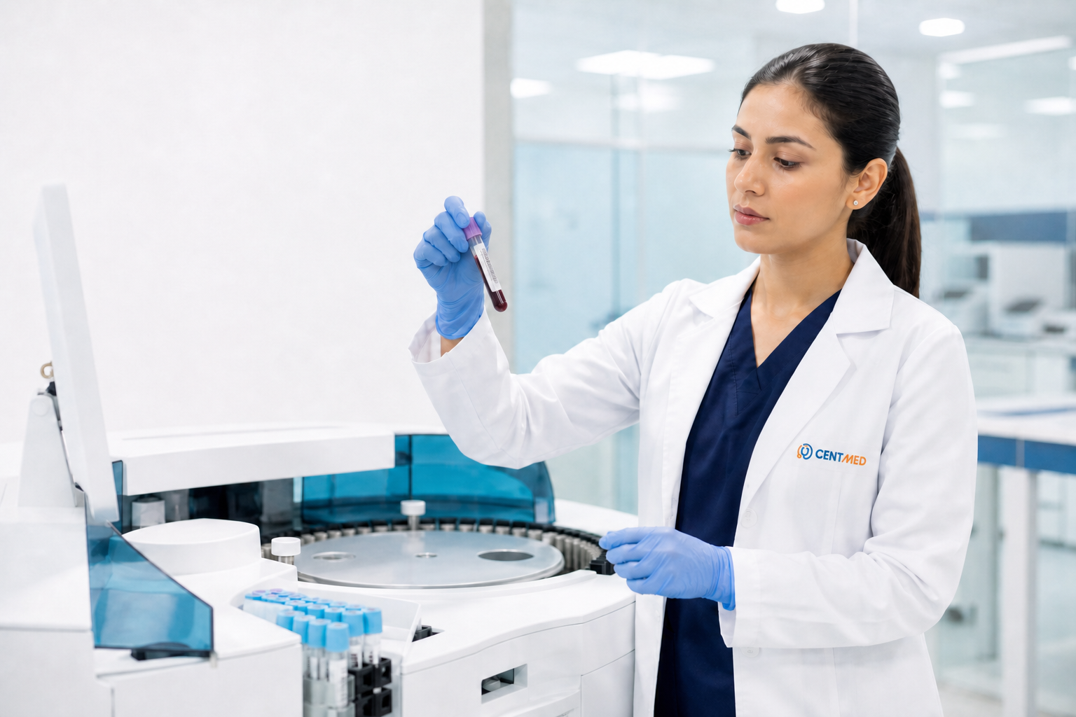 Profesional de laboratorio clínico de Centmed analizando una muestra
