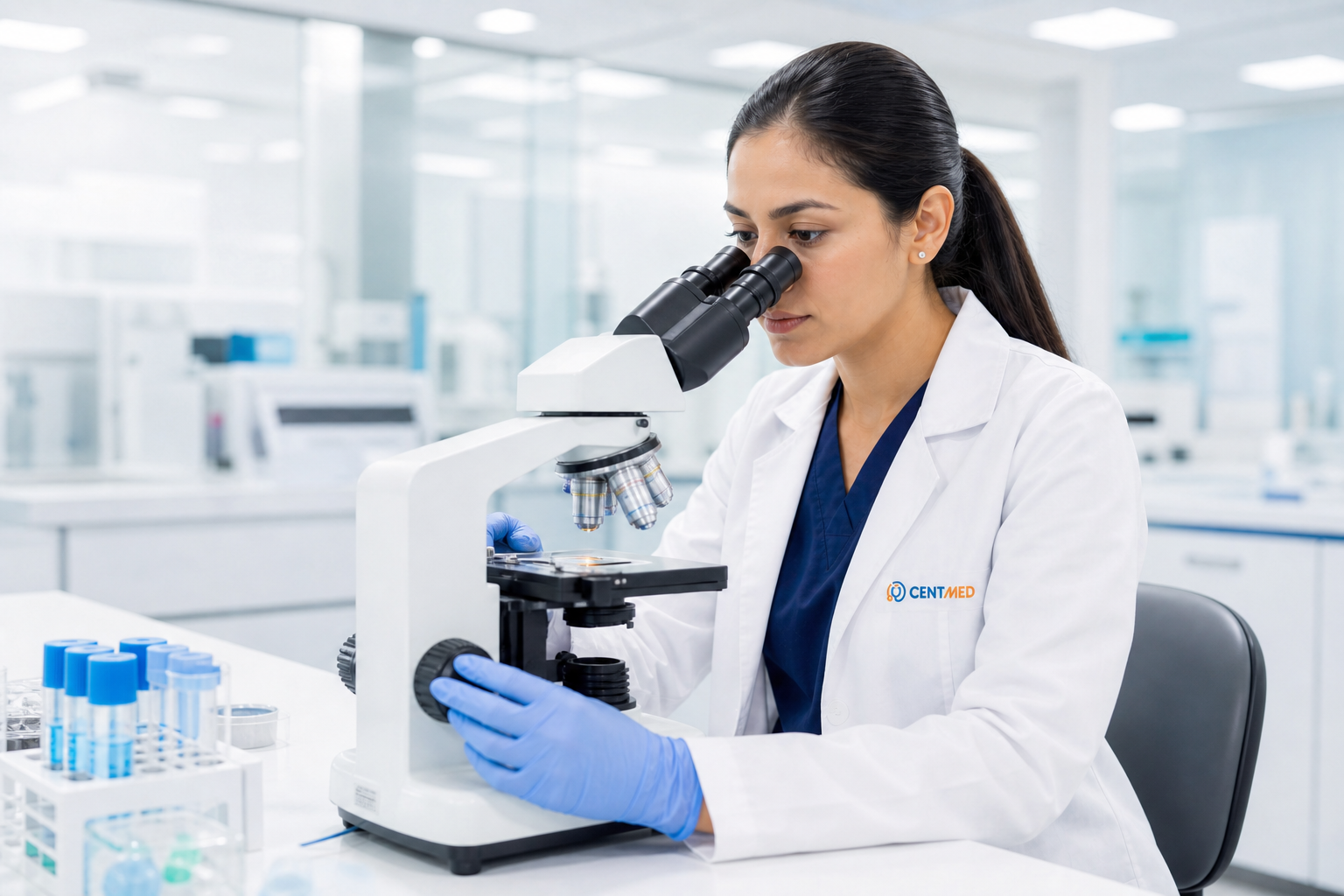 Profesional de Centmed realizando un análisis de microscopía