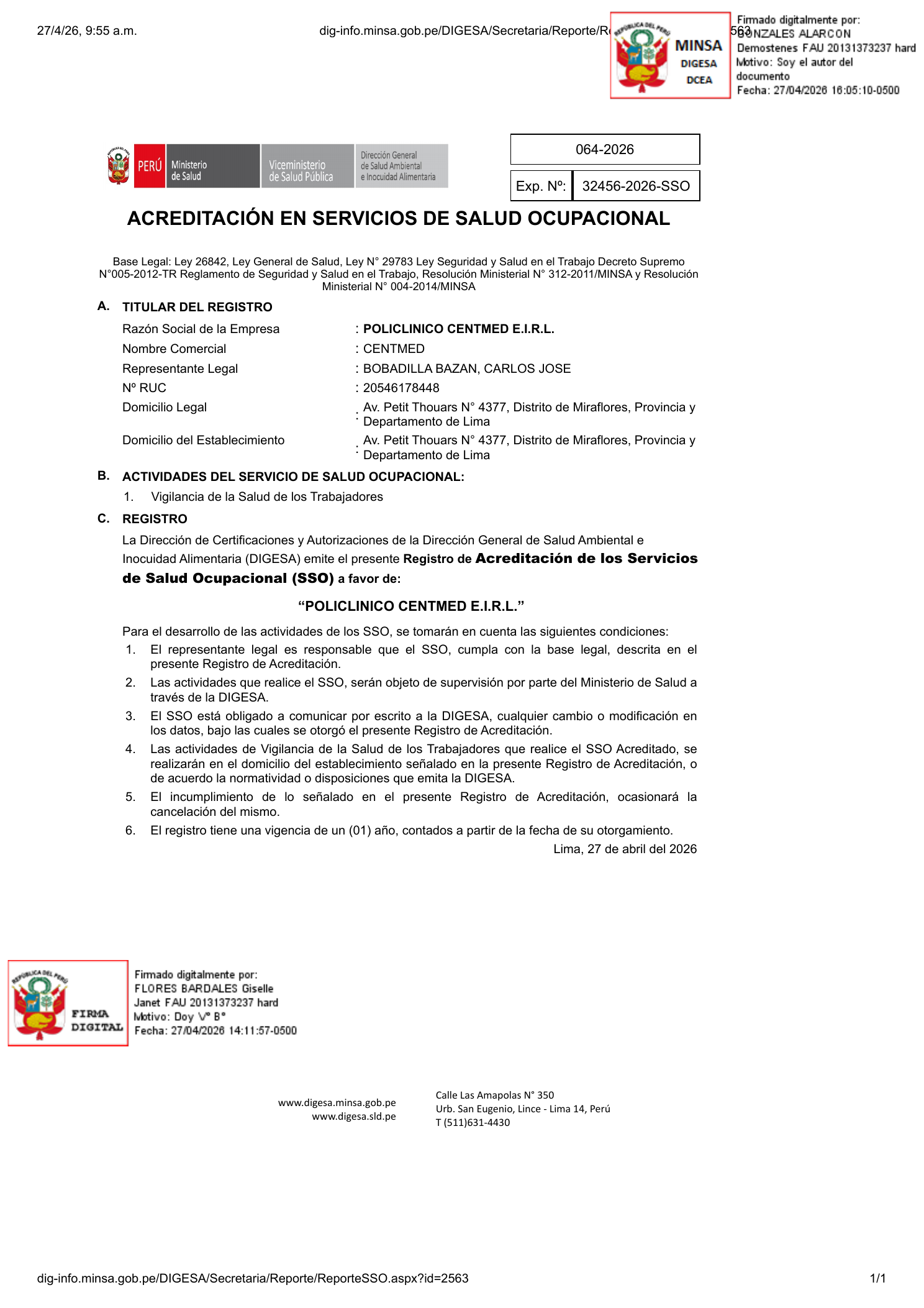 Documento de acreditación DIGESA 2026